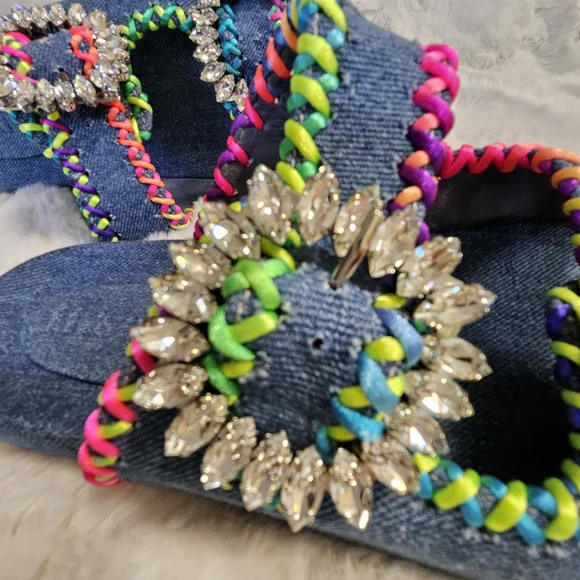 Mystique Luxury Denim Slides Sandals Crystal Buckle Size 8.5 (Fit 8-8.5) NWOB - Picture 12 of 13